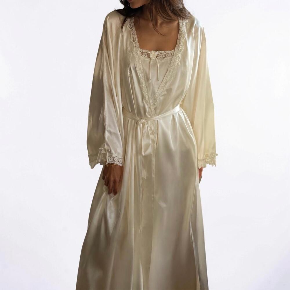 Vintage Christian Dior Ivory Satin Lace Peignoir Gown Set Estimated Medium